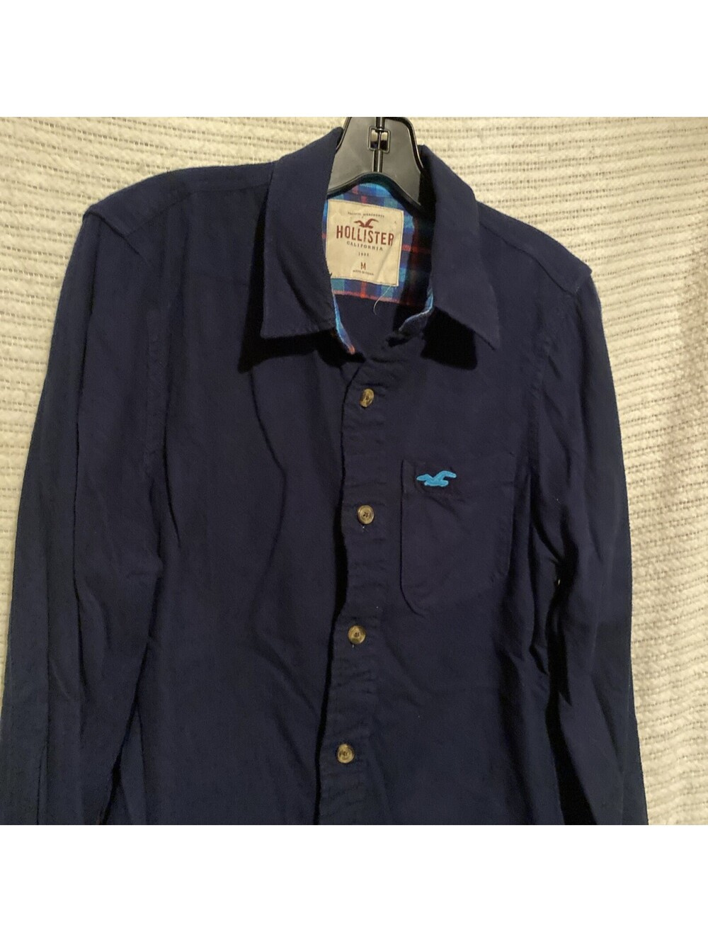 Hollister Mens M Navy Flannel Button Shirt Plaid Collar Logo Pacific Merchants